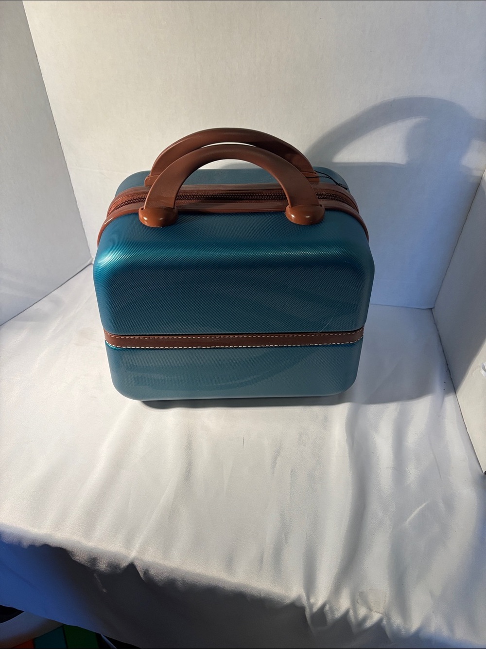 Hard-Shell Teal Travel Case with Brown Trim